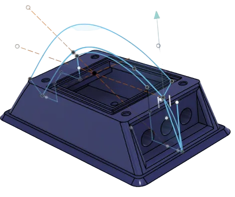 3D model of a blue plastic component with geometric lines and measurements on a white background